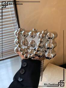 迷你银色时尚波浪串珠手提包，金属盒形手拿包，晚宴包，化妆包和手机包，独特链条斜挎包，趣味礼物 - 銀色 - 查看 11