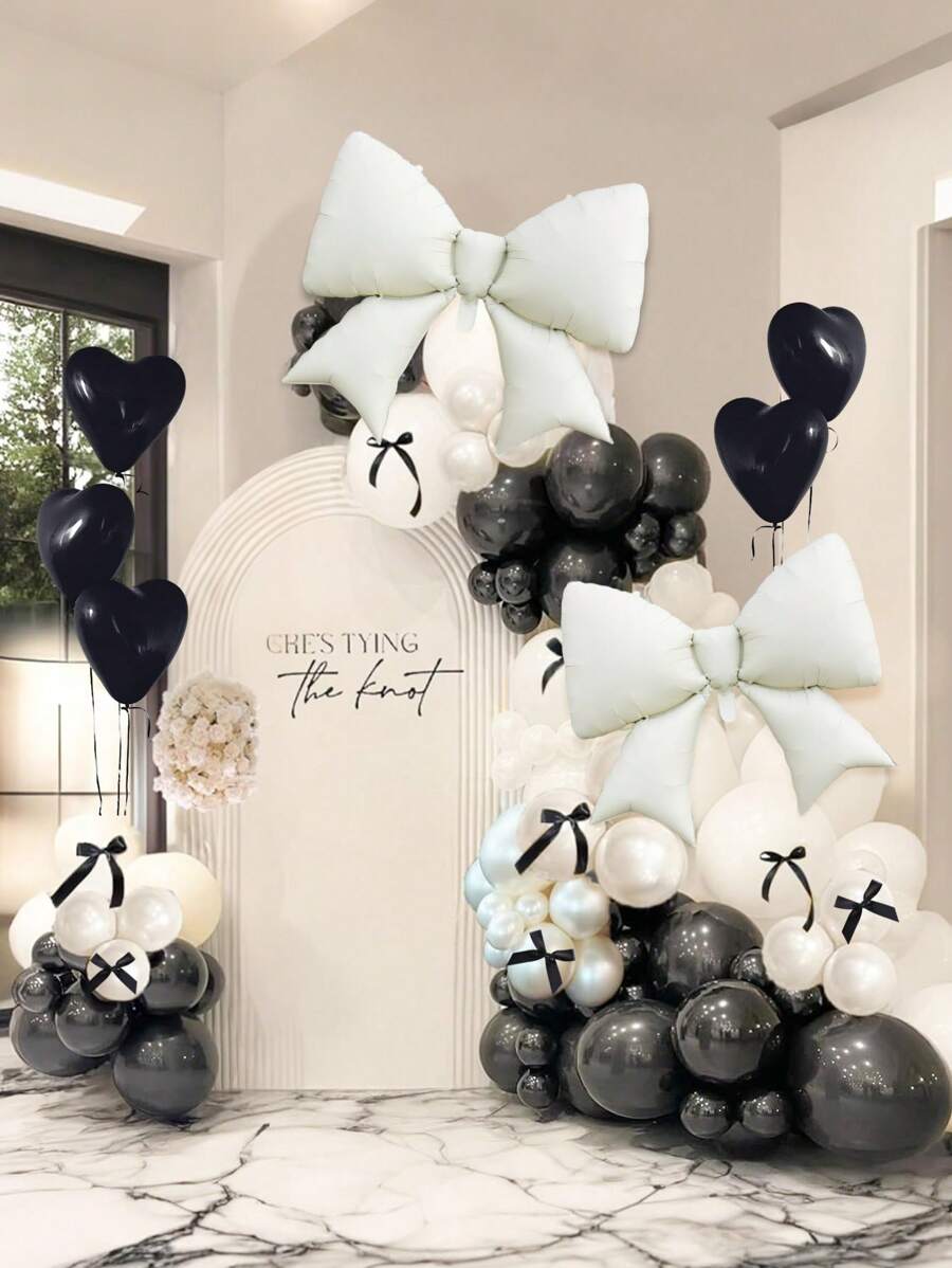 Set de 122 globos blancos con lazo para cumpleaños, globos de látex perlados, globos blancos con lazo, globos de látex en forma de corazón, lazos negros, adecuado para fiesta de cumpleaños, fiesta con lazos, despedida de soltera, boda, fiesta de despedida de soltera - Multicolor - Ver 1