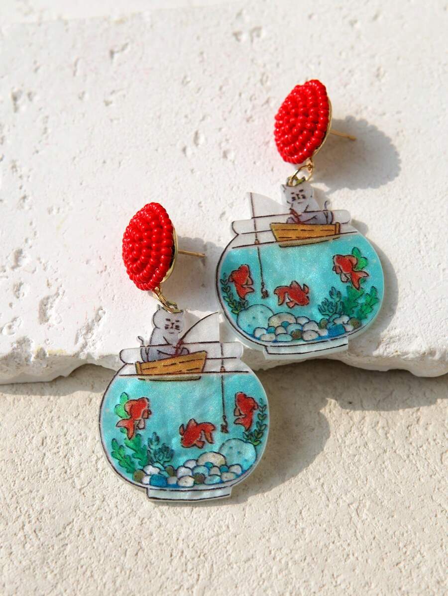 Pink Snail 手工制作的种子珠耳钉、创意个性耳环、卡通卡哇伊耳环、时尚珠宝、猫和鱼缸动物爱好者丙烯酸树脂吊坠耳环，适合女士女孩、夏季冬季假期海滩派对礼物，适合她和情侣、复活节礼物耳环