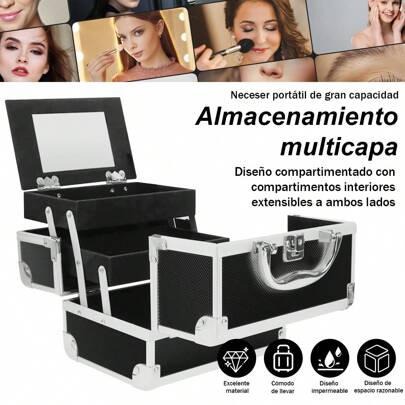 1 pieza Caja cosmética negra, organizador de maquillaje de aleación de aluminio + panel de ABS, herramientas de almacenamiento de cosméticos, bolso de maquillaje, organizador de maquillaje