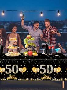 1pc Black Gold 21st & 30th & 40th & 50th & 60th & 70th Birthday Disposable Table Runner, Balloon Star Pattern Happy Birthday PE Table Cover, 21st & 30th & 40th & 50th & 60th & 70th Happy Birthday Party Decoration Table Cloth