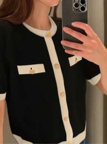 Seelio Women's Short Sleeve Knit Sweater, New French Style Color Block Button Round Neck Fitted T-Shirt Knit Jacket