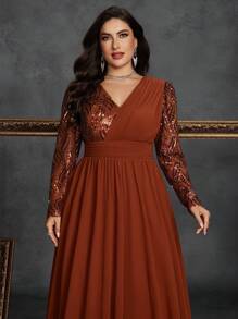 Plus Size Sequin Embellished Chiffon V-Neck Long Sleeve A-Line Formal Evening Gown, Party Dress, Wedding Guest Dress, Evening Dress - 鏽棕色 - 查看 6