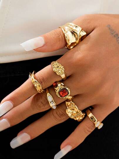 7pcs Vintage Liquid Wind Rings Set, Luxury Knuckle Rings For Women, Suitable For Parties, Gifts, And Daily Wear