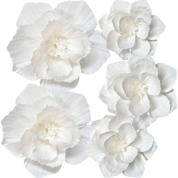 5pcs 12 Inch (30cm) + 10 Inch (25cm) White Paper Flowers, Artificial 3D Wall Decor For Wedding, Bridal Shower, Birthday, Photo Backdrop, Arch Decoration