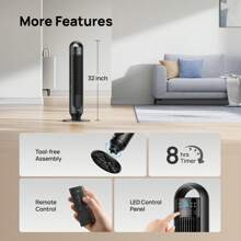 Tower Fans For Home, 32" Standing Floor Fan, 26 Ft/S Bladeless Fan With Remote, 90° Oscillating, 3 Modes, 3 Speeds, LED Display, 8H Timer, Quiet Room Fan - Black - View 7