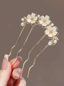 1pc Elegant Vintage Alloy Hair Clip - Floral Hair Comb Decor With Pearl & Rhinestone, U-Shaped Hair Bun Holder, Suitable For Birthday & Special Occasions Combs For Hair Side Comb