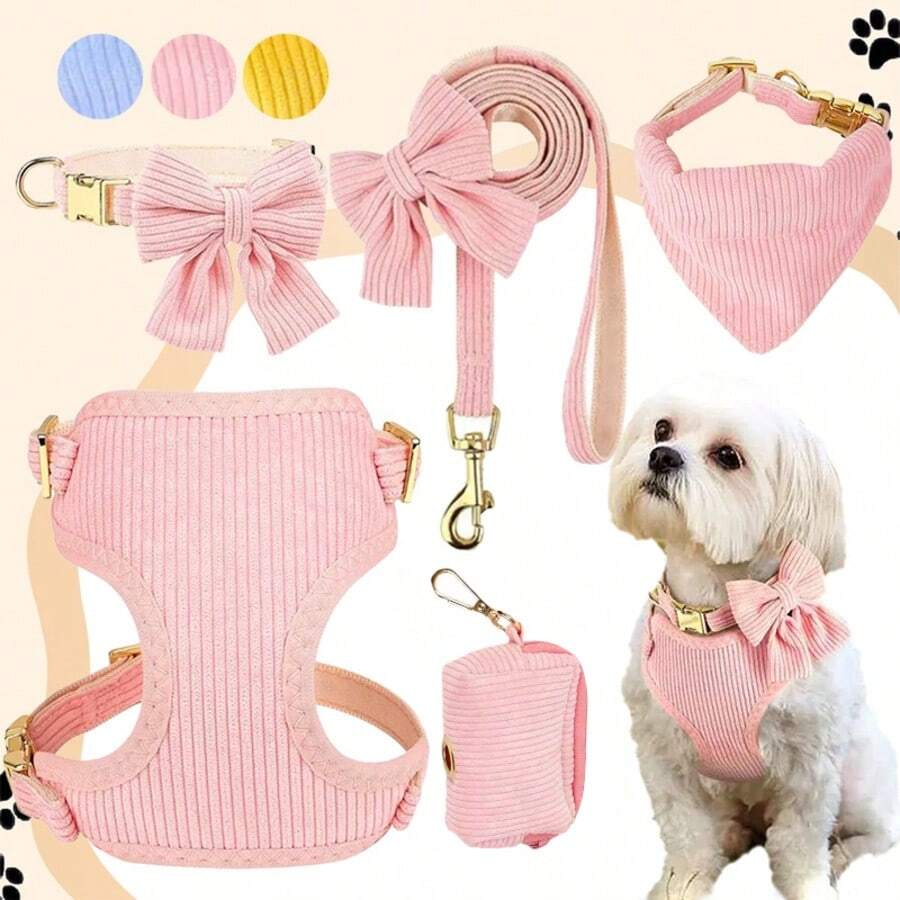 Set de 5 piezas Elegante conjunto de arnés y accesorios para mascotas, el conjunto incluye un arnés para mascotas, un collar desmontable con moño, una correa para mascotas, un collar triangular para mascotas y una bolsa para snacks de mascotas con bolsa para recoger desechos. Arnés estilo chaleco, adecuado para perros pequeños y medianos