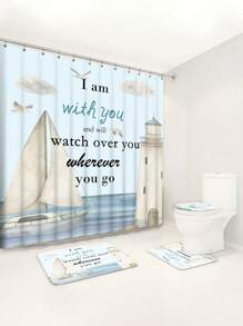 1 pièce/4 pièces Rideau de douche décoratif multifonction imperméable représentant un paysage marin avec phare, mouettes et bateau, avec 12 crochets, tapis de bain antidérapant, abattant de toilette en U, ensemble de salle de bain pour toutes les occasions, rentrée scolaire