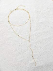 1pc 18K Gold Plated Stainless Steel Double Layer Beaded Y Necklace, Elegant Simple Design Long Tassel Multilayer Necklace Suits Women And Girls - Gold - View 3