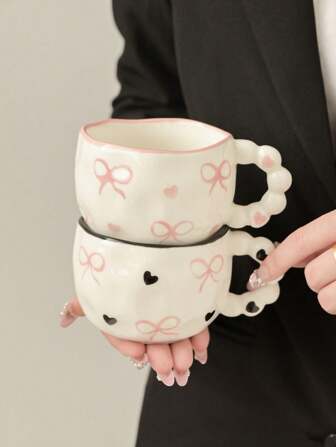 1pc Ceramic Beaded Bow Mug, Korean Ins Style Cute Lady Coffee Cup, Handpainted Heart & Bow Cup, High Quality Afternoon Tea Cup, Gift Back To School