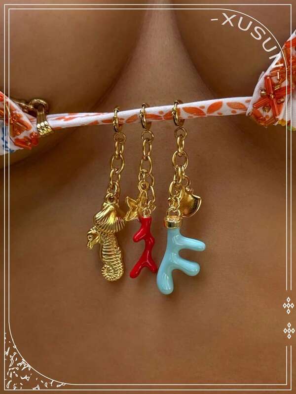 18K Stainless Steel Beach Geometric Multi-Shaped Bikini Button Pendant Clasp Women Anti Allergic Delicate Jewelry Summer Bikini Pendant, Ocean Coral, Seahorse, Shell Elements, Stainless Steel Drip Oil Jewelry, Non Fading Stainless Steel DIY Pendant Accessories