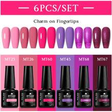 Mtssii Juego de 6 esmaltes de uñas en gel de unicolor de 7 ml, colores primavera-verano, glitter, negro, blanco, rojo, resistente a remojo, UV, semi-permanente, suministros para uñas