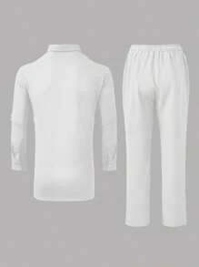 2pcs/Set Men's White Dashiki Set, Unique Patchwork Design, Button-Down Collar Long Sleeve Shirt And Elastic Waist Pants, African Style Casual Outfit, Suitable For Street Style, Party, Date, Wedding And Cultural Events