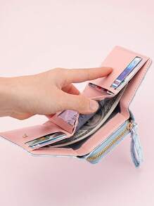 女士短款拉链三折钱包，带刺绣花卉图案，多卡位，手拿包，女士零钱包，钱包，迷你钱包，钱包，小钱包 - 藍色 - 查看 8