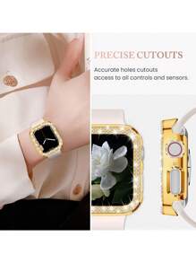 2 pièces/set Étui de montre étincelant avec décoration de strass à la mode et glamour, en plastique ajouré, résistant aux chutes, compatible avec les boîtiers de montre Apple Watch 38/40/41/42/44/45/46/49 mm, pour les séries Ultra/SE/10/9/8/7/6/5/4/3/2/1, accessoires d'étui de montre intelligente or+transparent