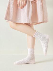 3 Pairs Girls' Bow Lace Trim Mid-Calf Socks, Cute Design, Spring - Multicolor - View 4