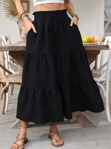 Falda midi casual de mujer con volantes en la cintura, bolsillos y dobladillo con volantes en unicolor - Negro - Ver 11