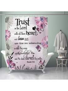 1pc/4pcs Floral & Bible Verse, Flower & Butterfly Print Multi-Function Bathroom Decor Set Incl. Waterproof Shower Curtain With 12 Hooks, Non-Slip Bath Mat, U-Shaped Toilet Mat & Round Toilet Lid Cover, Suitable For Entire Bathroom Back To School