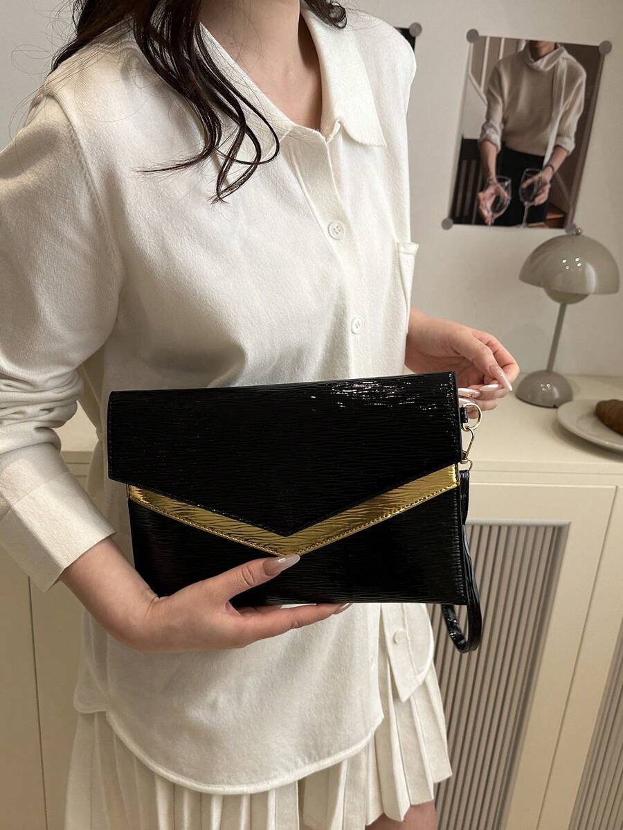 New Minimalist Design Vintage Solid Color Envelope Style Handbag For Women, Popular This Year - Black - View 1