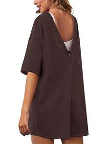 Rompers For Women Casual Oversized Athletic Jumpsuits Overalls Workout Hot Shot Tee Romper - 棕色 - 查看 2