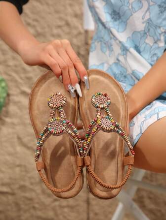 Elastic Rhinestones Cut Out Bohemian Flats Sandals For Women