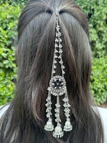 1pc Fashion Water Drop Shaped Multi-Layer Tassel Headchain, Stylish For Festivals, Parties, Weddings - Oxidized Silver - View 7