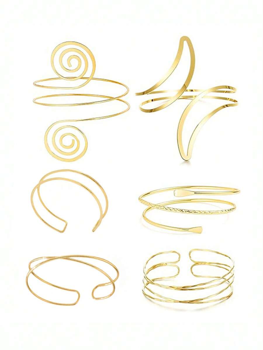 6pcs Set Minimalist Modern Geometric Metal Music Note Bracelet, Exaggerated Leaf Bangle Suit, Suitable For Party, Gift, Daily Wear - Gold - View 1