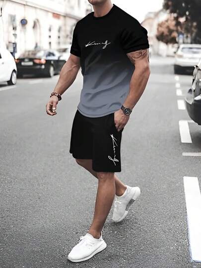 Sensual Star Conjunto de 2 Piezas de Ropa Deportiva para Hombre, Camiseta de Manga Corta de Cuello Redondo y Pantalones Cortos con Cordón, Atuendo Degradado para Verano, Traje Casual de Moda para Hacer Ejercicio, Vacaciones y Descansar en Casa