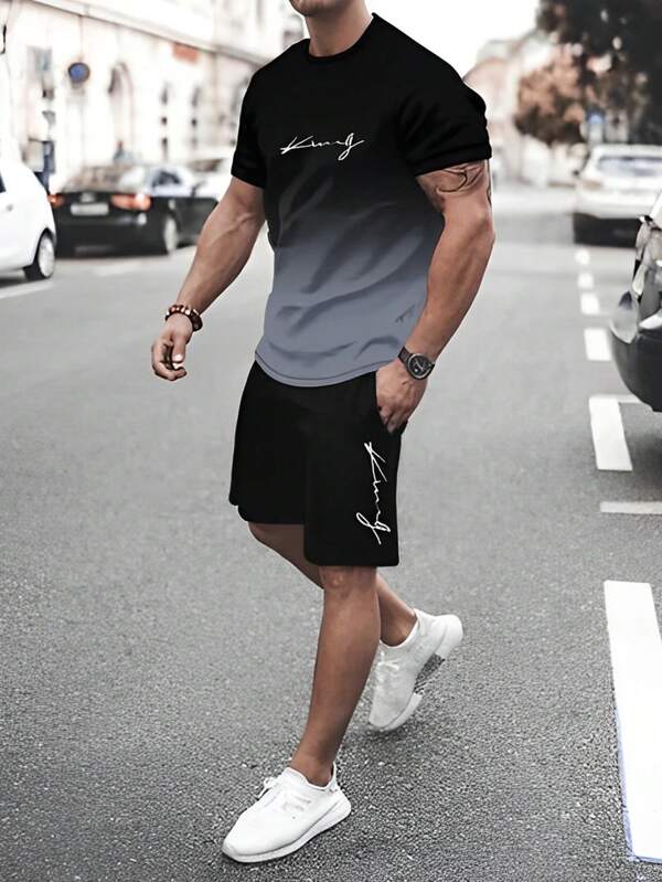 Conjunto de 2 Piezas de Ropa Deportiva para Hombre, Camiseta de Manga Corta de Cuello Redondo y Pantalones Cortos con Cordón, Atuendo Degradado para Verano, Traje Casual de Moda para Hacer Ejercicio, Vacaciones y Descansar en Casa