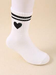 10双装白色儿童袜子，心形双条纹图案，男女通用透气短袜，日常基本款 - 彩色 - 查看 5