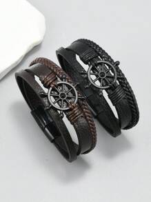 1pc Retro Black Helm Design Minimalist Leather Bracelet For Men - Rudder - View 10