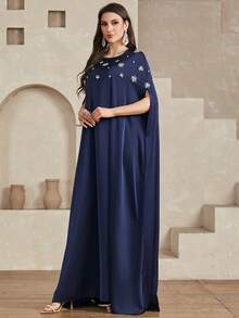 Women's Round Neck Rhinestone Decor Casual Summer Dress Elegant - Navy Blue - View 6