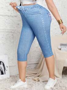 Plus Size Women High Stretch Tight 3/4 Leggings, All-Over Bowknot Print Design Casual Comfortable Knitted Pants, Suitable For Sports, Outdoor Activities - Baby Blue - View 3