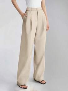 Pantalones de traje de pierna ancha con bolsillos laterales y cintura alta, aptos para primavera y otoño - Caqui - Ver 1
