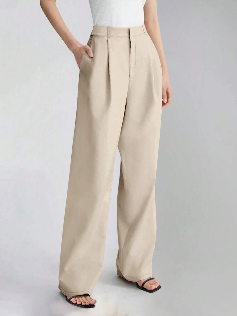 Pantalones de traje de pierna ancha con bolsillos laterales y cintura alta, aptos para primavera y otoño - Caqui - Ver 1