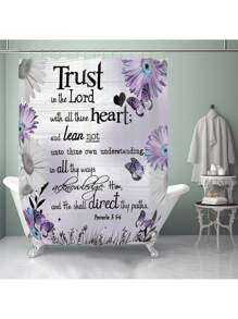 1pc/4pcs Floral & Bible Verse, Flower & Butterfly Print Multi-Function Bathroom Decor Set Incl. Waterproof Shower Curtain With 12 Hooks, Non-Slip Bath Mat, U-Shaped Toilet Mat & Round Toilet Lid Cover, Suitable For Entire Bathroom Back To School