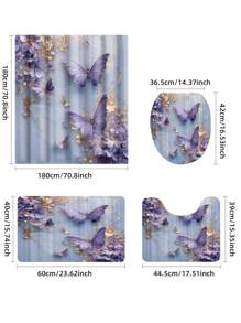 1/4pcs Artistic Floral & Butterfly Pattern Printed Waterproof Shower Curtain Set, Modern Minimalist Daily Elements, Bathroom Decor With 12 Hooks, Toilet Mat, Bathtub Curtain, Polyester Fabric, Machine Washable, Suitable As Gift For Hotel, Apartment, Home - Multicolor - View 3