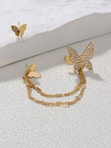 Nooxian 1套時尚蝴蝶耳環，簡約設計與微鑲立方氧化鋯，夾式和耳釘式均包含，利基高端風格，適用於女士日常穿戴 - 金黃色 - 查看 3