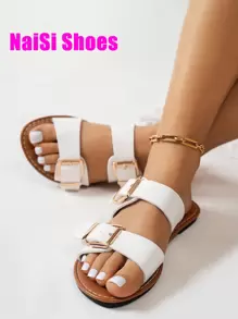 Women's Buckle Strap Sandals With Double Buckle Adjustable Elastic Design, Fashion Minimalist Flat Slippers, Suitable For Spring, Summer & Seasons, Casual Outdoor/Indoor Wear, Retro Thong Sandals In Black, White, Brown, Coffee