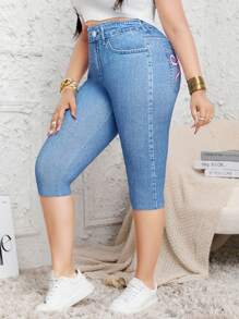 Plus Size Women High Stretch Tight 3/4 Leggings, All-Over Bowknot Print Design Casual Comfortable Knitted Pants, Suitable For Sports, Outdoor Activities - Baby Blue - View 2