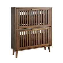 Shoe Storage Cabinet With 2 Flip Louvered Drawers, Slim Shoe Organizer Rack With Golden Handles, Freestanding Hidden Entryway Shoe Cabinet  For Hallway, Walnut - Walnut - View 4