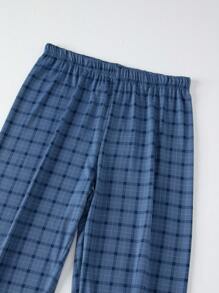 2pcs/Set Men's Summer Lightweight Pajama Set, Short Sleeve Top & Long Pants Sleepwear Loungewear - Dusty Blue - View 8