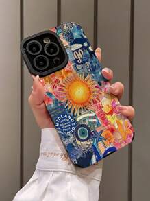 1 件多色复古涂鸦拼布太阳图案垂直条纹仿皮软保护手机壳适用于 Iphone 16/16Plus/16Pro/16ProMax & - 彩色 - 查看 3