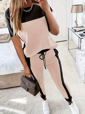 2 件套休闲拼色短袖圆领 T 恤和长裤套装