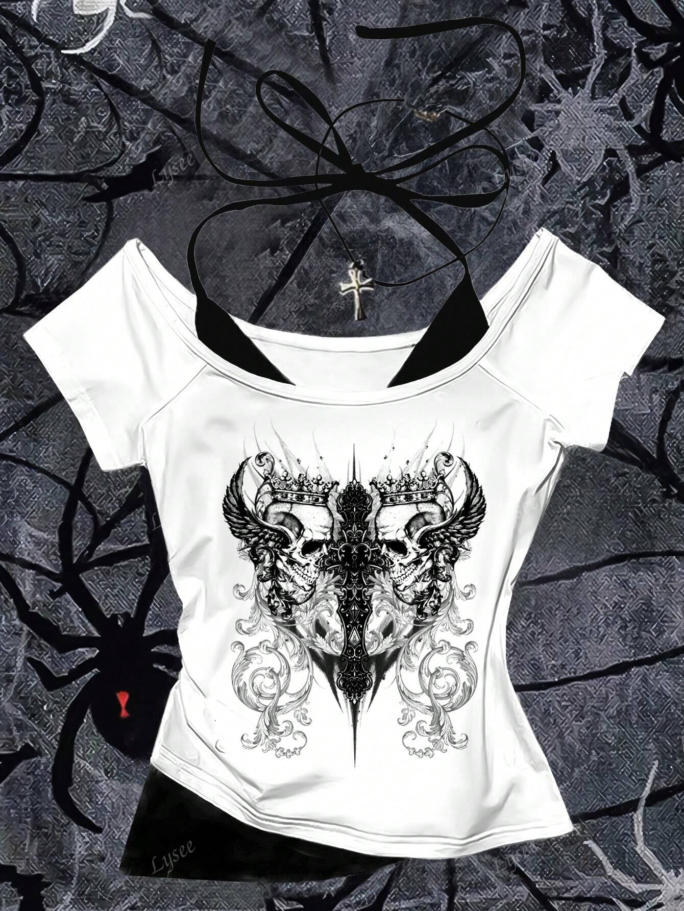 Crop top da donna alla moda in stile vintage americano gotico Y2K, senza schienale, con lacci, a stampa, a maniche corte