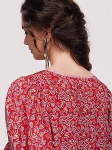 Women Summer Floral Tunic Dress Loose Tie-Up V Neck 3/4 Sleeve Empire Waist Short Mini Dress - Red - View 4