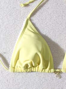 Top e Bottom de Maiô Bikini 2 Peças Amarelo Manteiga, Decote Halter, Costas Descobertas, Amarrado, Traje de Banho Feminino, Verão, Praia, Férias, Looks de Verão para Mulheres, Looks de Praia para Mulheres, Roupa de Praia Feminina, Maiô Bikini com Sustentação