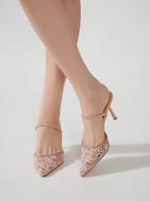 Women's Breathable Embroidered Mesh Black High Heels, Fashionable Pearl Embossed Mesh Design Apricot High Heels, Suitable For Wedding, Prom, Sexy Party, Mother's Day