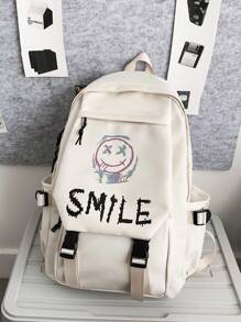 New Fashion Student Large Capacity Smiling Face Letter Printed Backpack, College Student Computer Bag, Daily Commuting Unisex Holiday Gift, Without Pendant. - Multicolor - View 15
